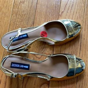 Gold block heel sling backs, brand new never worn